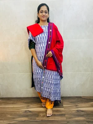 Pure handloom Ikkat cotton top (cotton lining) paired with Ikkat cotton dupatta and cotton bottom (free size)