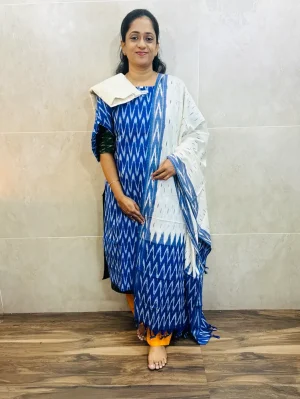 Pure handloom Ikkat cotton top (cotton lining) paired with Ikkat cotton dupatta and cotton bottom (free size)