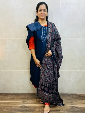 Soft silk top (cotton lining) with mirror worked yoke paired with semi modal dupatta and silk bottom (free size)