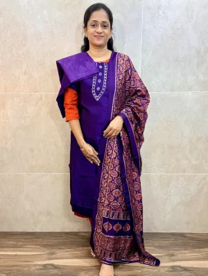 Soft silk top (cotton lining) with mirror worked yoke paired with semi modal dupatta and silk bottom (free size)