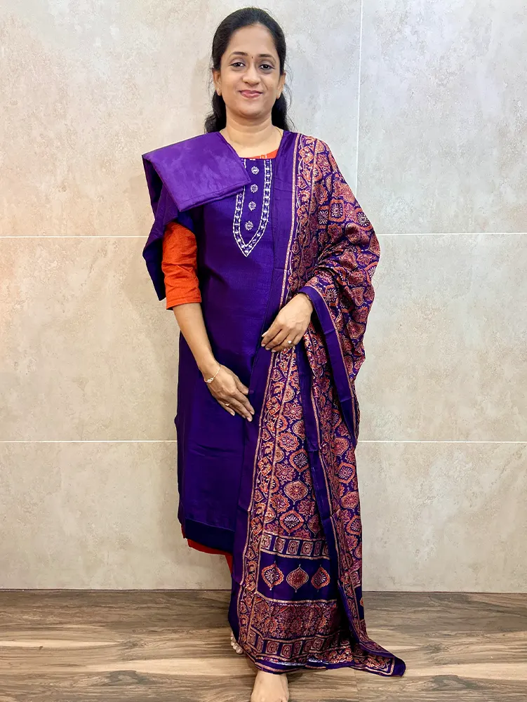 Soft silk top (cotton lining) with mirror worked yoke paired with semi modal dupatta and silk bottom (free size)