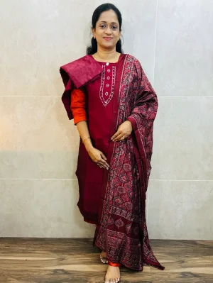 Soft silk top (cotton lining) with mirror worked yoke paired with semi modal dupatta and silk bottom (free size)