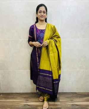 Premium Pochampally handloom silk cotton top (cotton lining) paired with silk cotton dupatta and silk bottom (Free size)