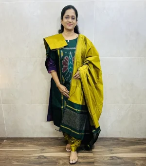 Premium Pochampally handloom silk cotton top (cotton lining) paired with silk cotton dupatta and silk bottom (Free size)