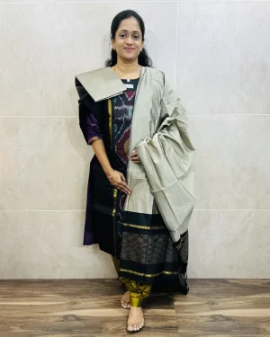 Premium Pochampally handloom silk cotton top (cotton lining) paired with silk cotton dupatta and silk bottom (Free size)