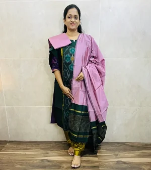 Premium Pochampally handloom silk cotton top (cotton lining) paired with silk cotton dupatta and silk bottom (Free size)