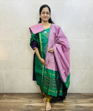 Premium Pochampally handloom silk cotton top (cotton lining) paired with silk cotton dupatta and silk bottom (Free size)