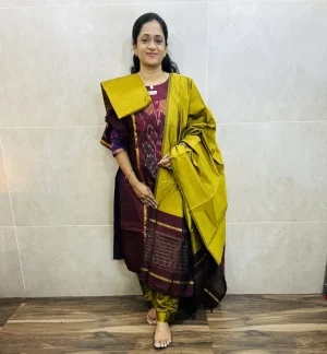 Premium Pochampally handloom silk cotton top (cotton lining) paired with silk cotton dupatta and silk bottom (Free size)