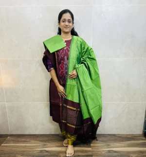 Premium Pochampally handloom silk cotton top (cotton lining) paired with silk cotton dupatta and silk bottom (Free size)