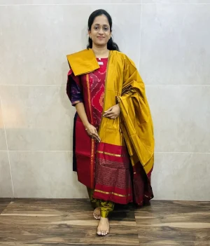 Premium Pochampally handloom silk cotton top (cotton lining) paired with silk cotton dupatta and silk bottom (Free size)