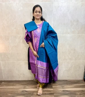 Premium Pochampally handloom silk cotton top (cotton lining) paired with silk cotton dupatta and silk bottom (Free size)