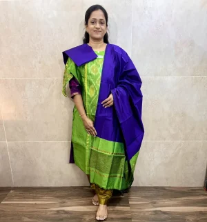 Premium Pochampally handloom silk cotton top (cotton lining) paired with silk cotton dupatta and silk bottom (Free size)