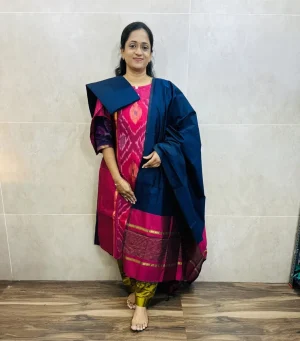 Premium Pochampally handloom silk cotton top (cotton lining) paired with silk cotton dupatta and silk bottom (Free size)