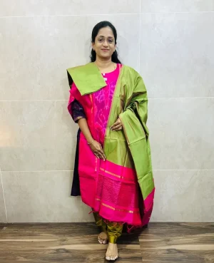 Premium Pochampally handloom silk cotton top (cotton lining) paired with silk cotton dupatta and silk bottom (Free size)