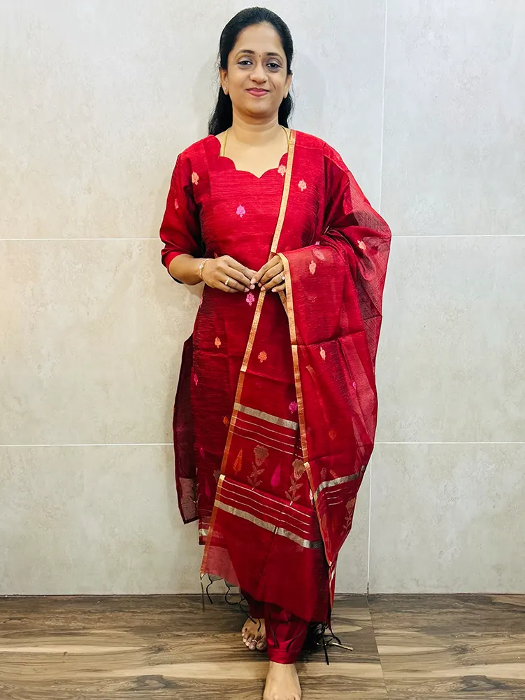 Premium Benarasi silk top (cotton lining) with allover zari weavings paired with benarasi silk dupatta and silk bottom (free size)