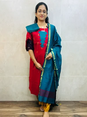 Semi raw silk top (cotton lining) paired with semi raw silk dupatta and semi raw silk bottom (Free size)