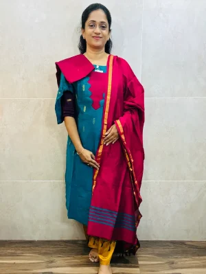 Semi raw silk top (cotton lining) paired with semi raw silk dupatta and semi raw silk bottom (Free size)