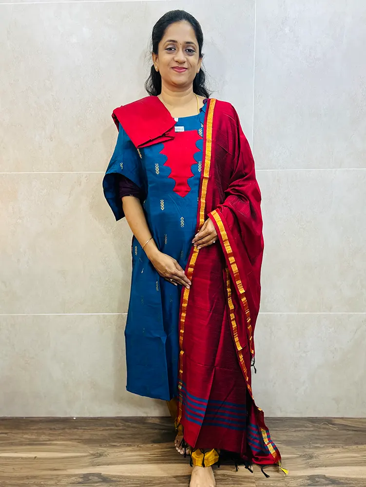 Semi raw silk top (cotton lining) paired with semi raw silk dupatta and semi raw silk bottom (Free size)