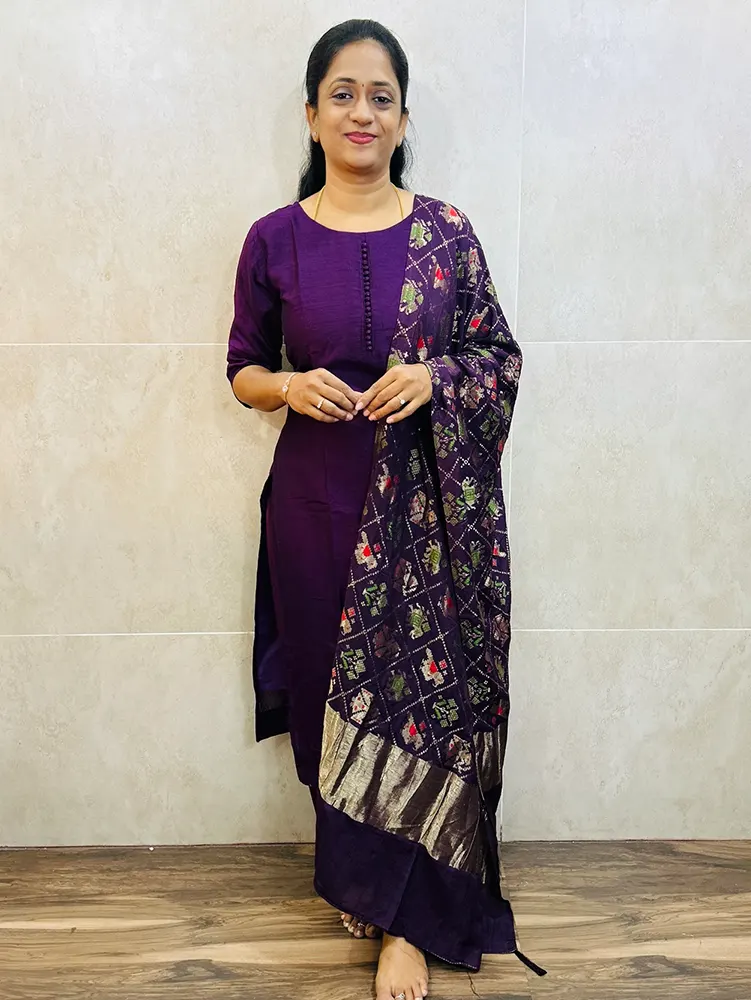 Majentha Purple - Soft silk top (cotton lining) with Benaras weaved soft silk dupatta and silk bottom (free size)