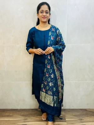 Soft silk top (cotton lining) with Benaras weaved soft silk dupatta and silk bottom (free size)