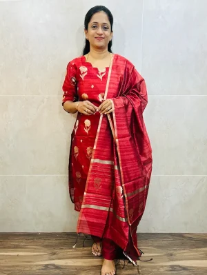 Premium Benarasi silk top (cotton lining) with allover zari weavings paired with benarasi silk dupatta and silk bottom (free size)