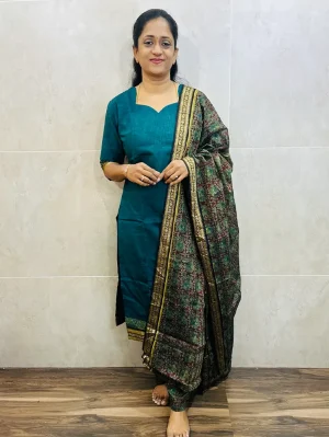 Handblock printed Mangalagiri cotton top (cotton lining) paired with printed Mangalagiri cotton dupatta and cotton bottom (free size)