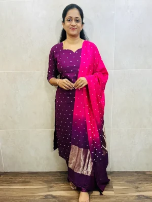 (Dispatch in 30working days)Muslin silk top (cotton lining) with allover thread woven buttas paired with muslin silk dupatta and silk bottom (free size)