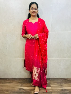 Muslin silk top (cotton lining) with allover thread woven buttas paired with muslin silk dupatta and silk bottom (free size)