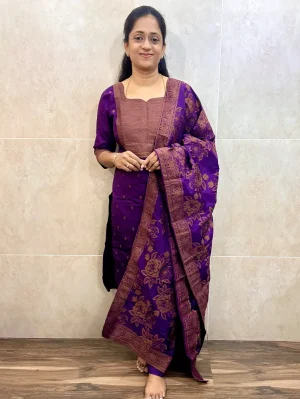 Premium Dola silk top (cotton lining) with all over antique zari weaving paired with Dola silk dupatta and silk bottom (free size)