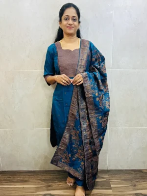 Premium Dola silk top (cotton lining) with all over antique zari weaving paired with Dola silk dupatta and silk bottom (free size)