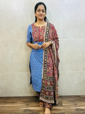 Ikkat cotton top (cotton lining) with Kalamkari patchwork on yoke paired with Kalamkari dupatta and Kalamkari bottom (free size)