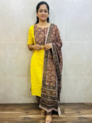 Ikkat cotton top (cotton lining) with Kalamkari patchwork on yoke paired with Kalamkari dupatta and Kalamkari bottom (free size)
