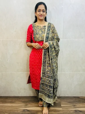 Ikkat cotton top (cotton lining) with Kalamkari patchwork on yoke paired with Kalamkari dupatta and Kalamkari bottom (free size)