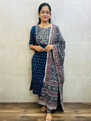 Ikkat cotton top (cotton lining) with Kalamkari patchwork on yoke paired with Kalamkari dupatta and Kalamkari bottom (free size)