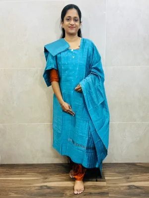 Semi raw silk top (cotton lining) paired with semi raw silk dupatta and semi raw silk bottom (Free size)