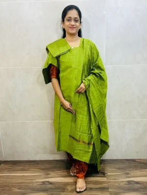 Semi raw silk top (cotton lining) paired with semi raw silk dupatta and semi raw silk bottom (Free size)