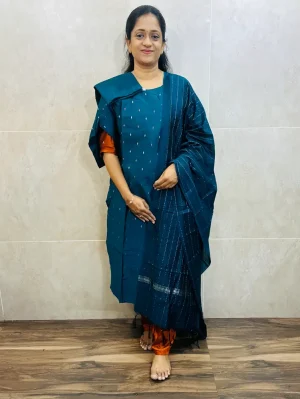 Semi raw silk top (cotton lining) paired with semi raw silk dupatta and semi raw silk bottom (Free size)