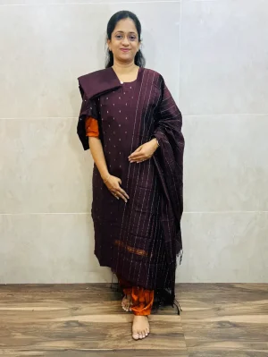 Semi raw silk top (cotton lining) paired with semi raw silk dupatta and semi raw silk bottom (Free size)