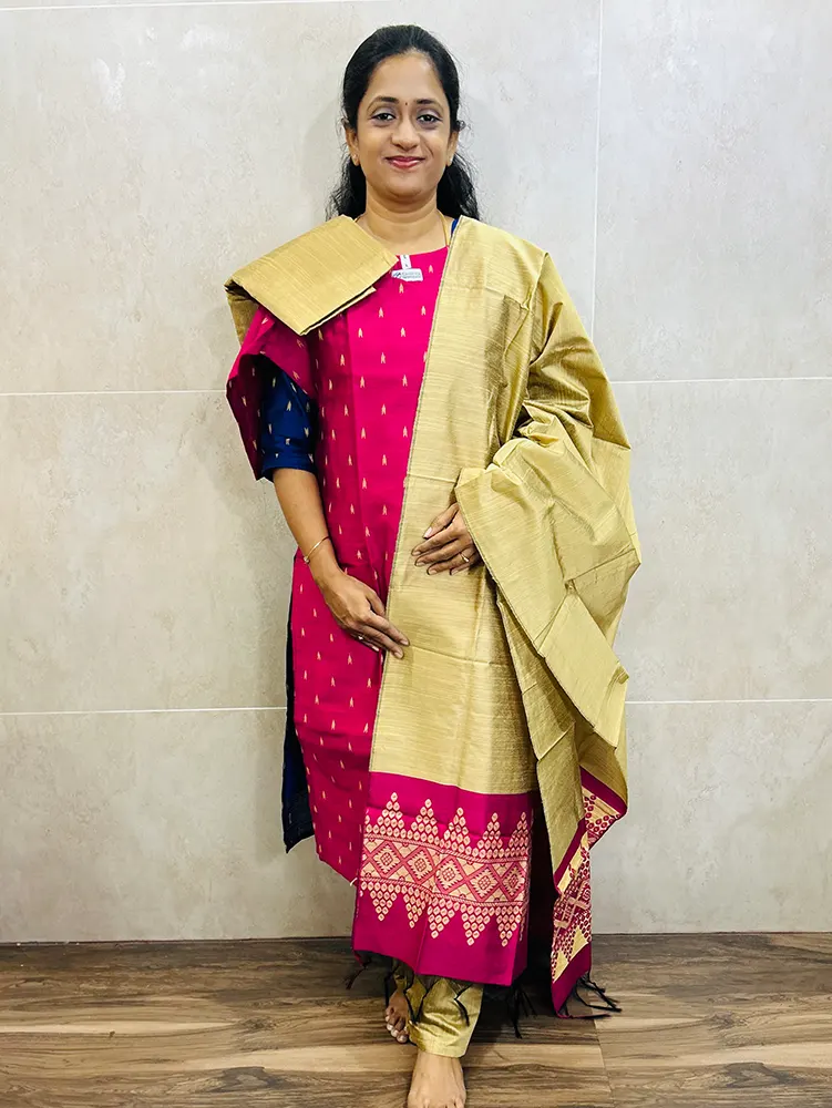 Semi raw silk top (cotton lining) paired with semi raw silk dupatta and semi raw silk bottom (Free size)