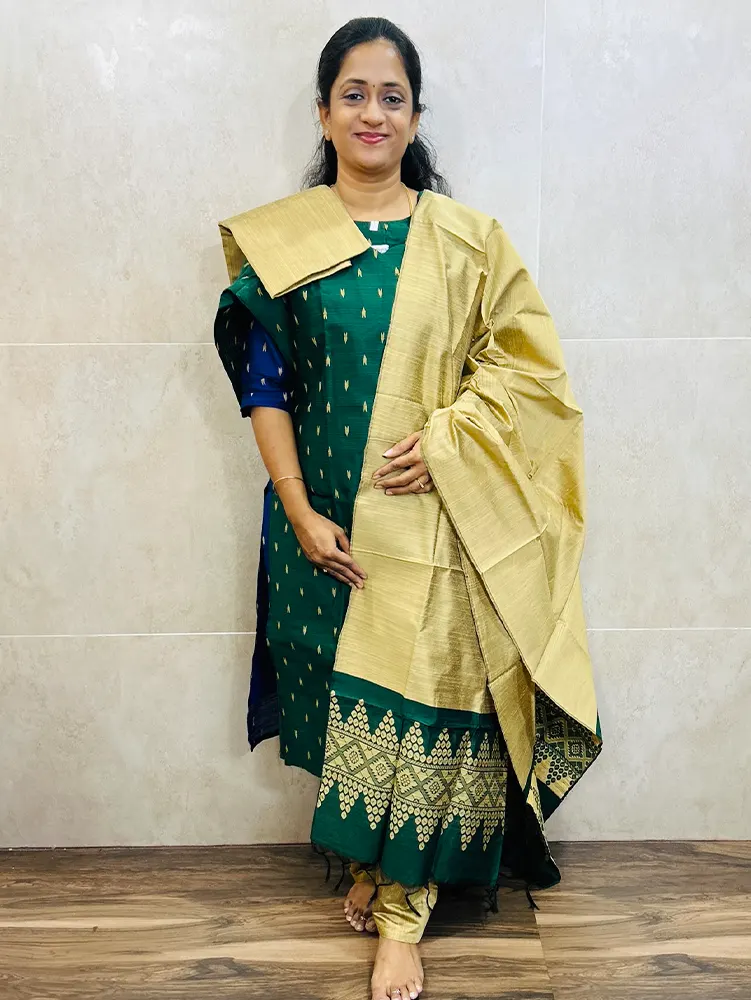 Semi raw silk top (cotton lining) paired with semi raw silk dupatta and semi raw silk bottom (Free size)