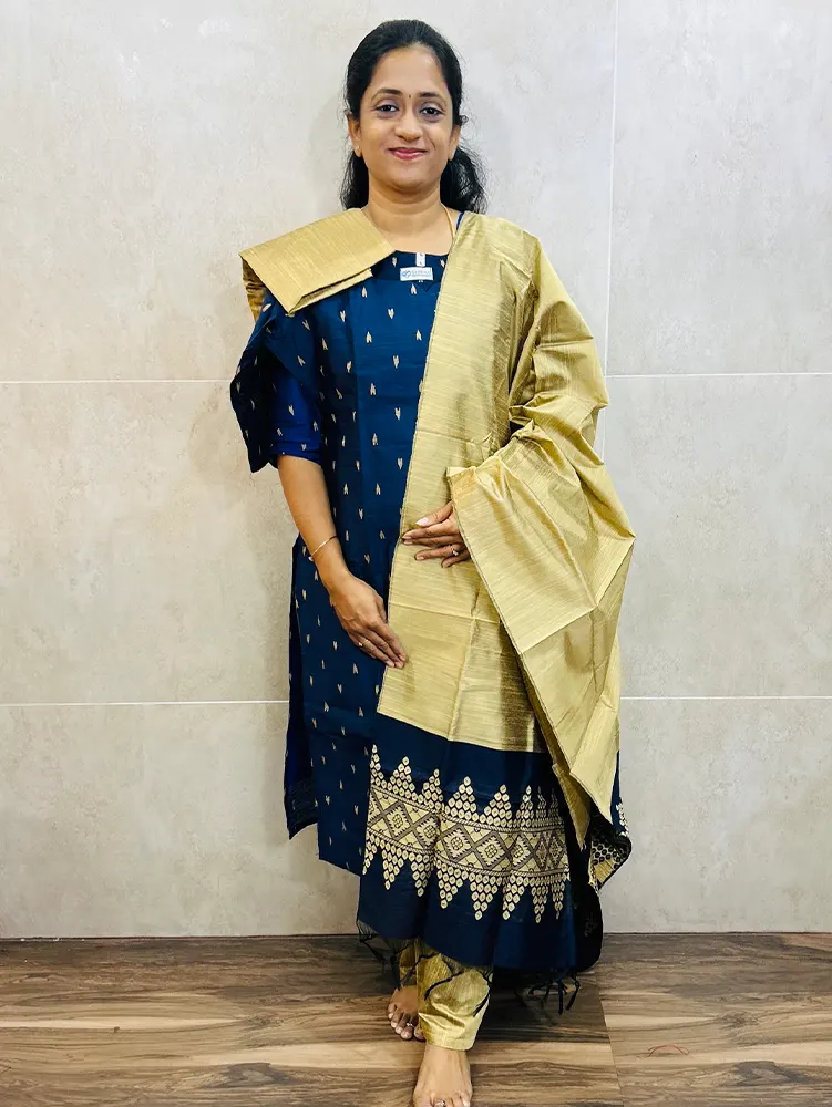 Semi raw silk top (cotton lining) paired with semi raw silk dupatta and semi raw silk bottom (Free size)