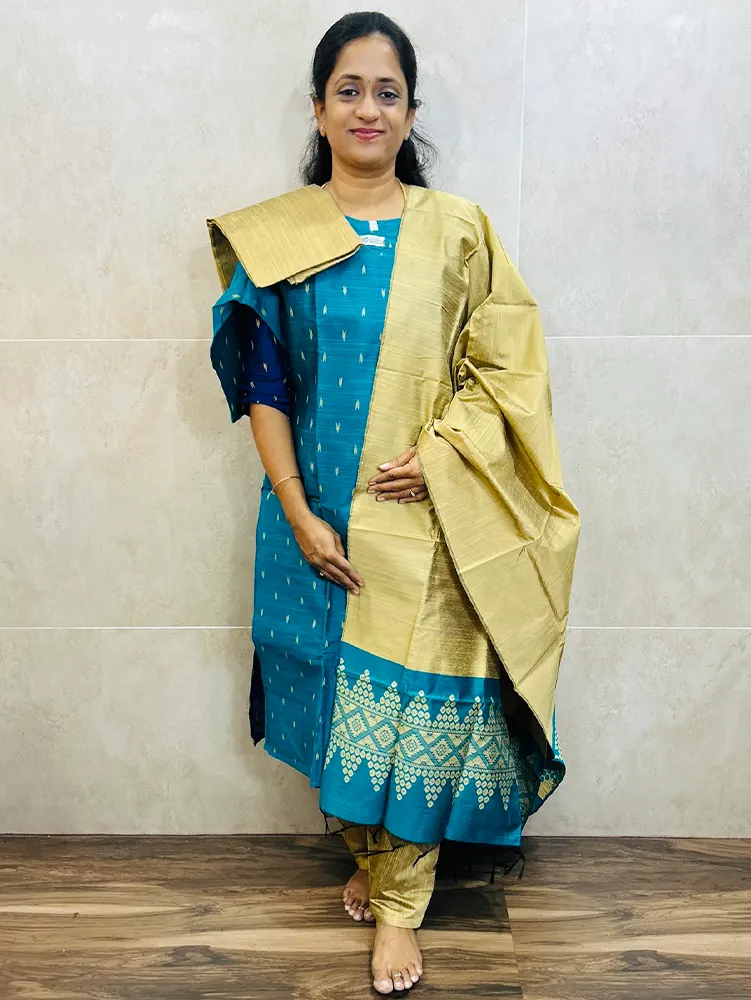 Semi raw silk top (cotton lining) paired with semi raw silk dupatta and semi raw silk bottom (Free size)