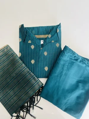 Semi Maheshwari silk top (cotton lining) with allover zari weaving a paired with zari weaved Maheshwari silk dupatta and semi raw silk bottom (free size)