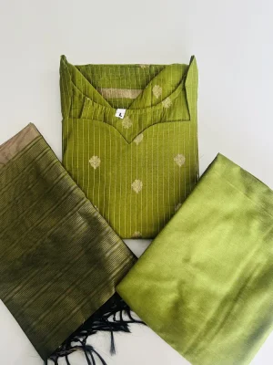 Semi Maheshwari silk top (cotton lining) with allover zari weaving a paired with zari weaved Maheshwari silk dupatta and semi raw silk bottom (free size)