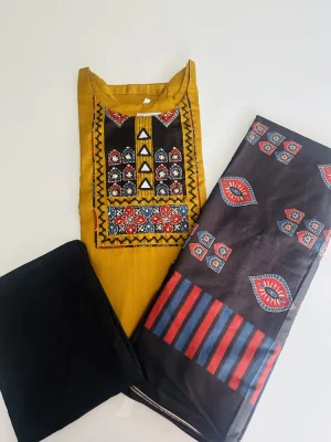 Pure cotton top (cotton lining) with mirror worked Ajrakh patchwork in yoke paired with printed cotton dupatta and cotton bottom (free size)