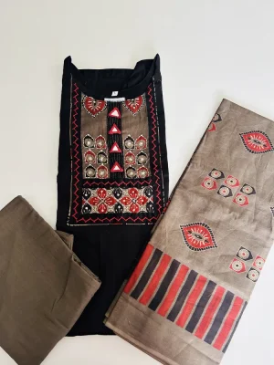 Pure cotton top (cotton lining) with mirror worked Ajrakh patchwork in yoke paired with printed cotton dupatta and cotton bottom (free size)