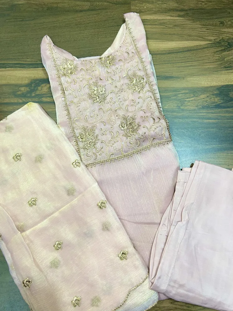 Baby pink - Soft organza top (full crepe lining) with embroidered yoke paired with soft organza dupatta and silk bottom (straight cut)