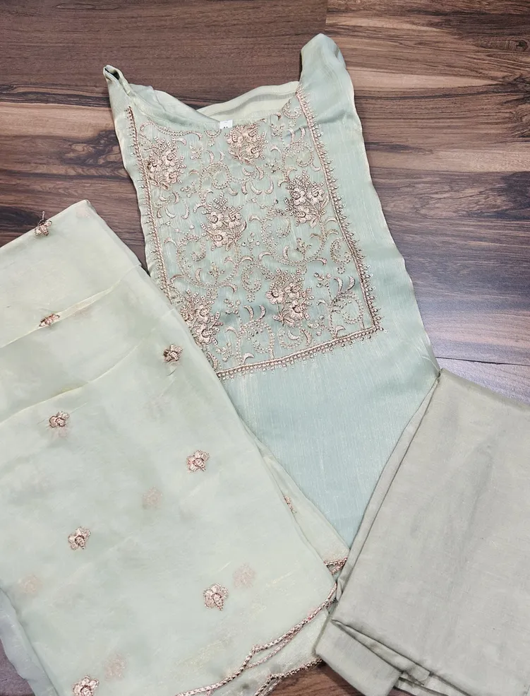 Light sea green - Soft organza top (full crepe lining) with embroidered yoke paired with soft organza dupatta and silk bottom (straight cut)