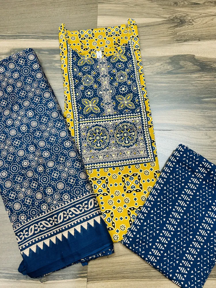 Printed Ajrakh cotton top (cotton lining) paired with cotton dupatta and cotton bottom (free size)