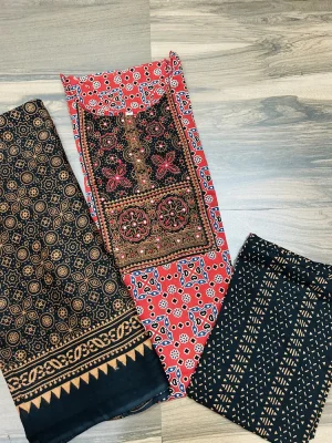 Printed Ajrakh cotton top (cotton lining) paired with cotton dupatta and cotton bottom (free size)